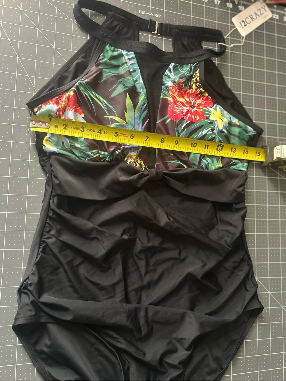 Tropical Floral Halter Black One-Piece Swimsuit
